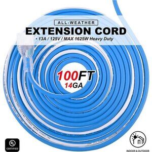 Outdoor 14/3 Extension Cord 14AWG 100FT 13Amp 1625Watts, (100ft/30.48m)